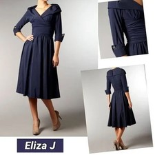 ELIZA J New York Women Portrait Collar Ruched Fit Flare Dress Sz 10 Blue 2-32