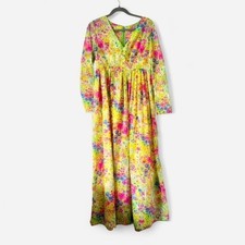 Vintage 60s 70s Bright Dayglow Psychedelic Green Yellow Flower Maxi Dress Large