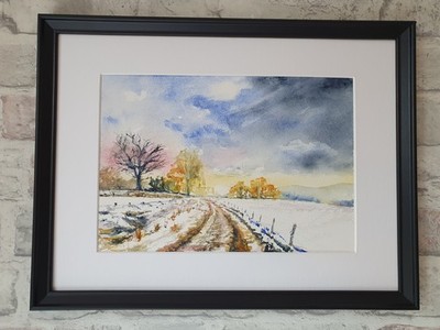 Auffallend bunte Winterlandschaft Kunstwerk Original gerahmtes Aquarell Gemälde