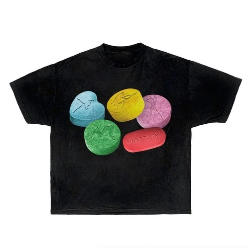 Colorful Pills Washed Distressed Graphic T Shirt Retro Weird Art Unisex Streetwe - product listing photo