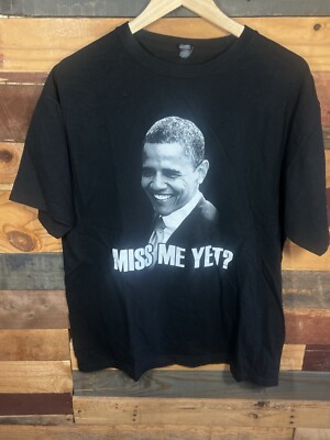 Vintage Barack Obama Miss Me Yet? themed Black colored T-Shirt Size L M&O Gold