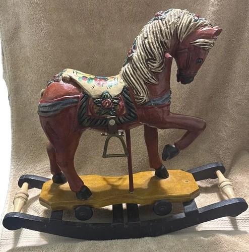 Vintage Hand Carved Wooden Carousel Rocking Horse on Wheels Folk Art