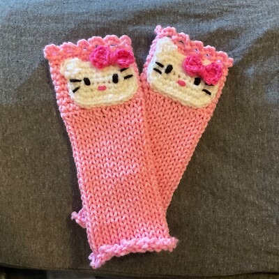 Hand Knit Fingerless Gloves Girl Pink with Adorable White Kitty and Pink  Bow - Main Image