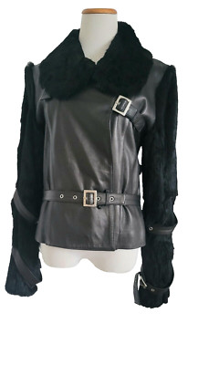 Italy Gian Mori Black Leather & Rabbit Fur Moto Biker Jacket Runs US 4 - 6
