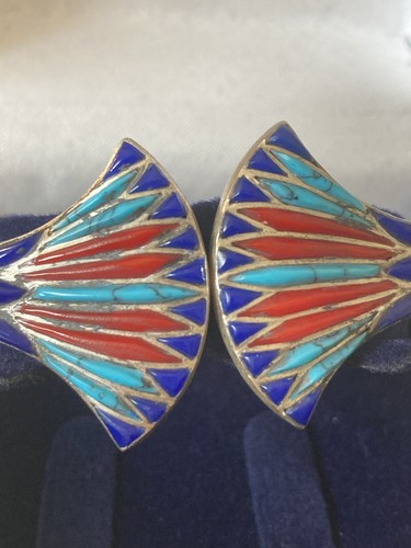 Egyptian Silver Lapis Turquois Coral Double Lotus Pharaonic Bracelet Bangle Cuff - Picture 9 of 15