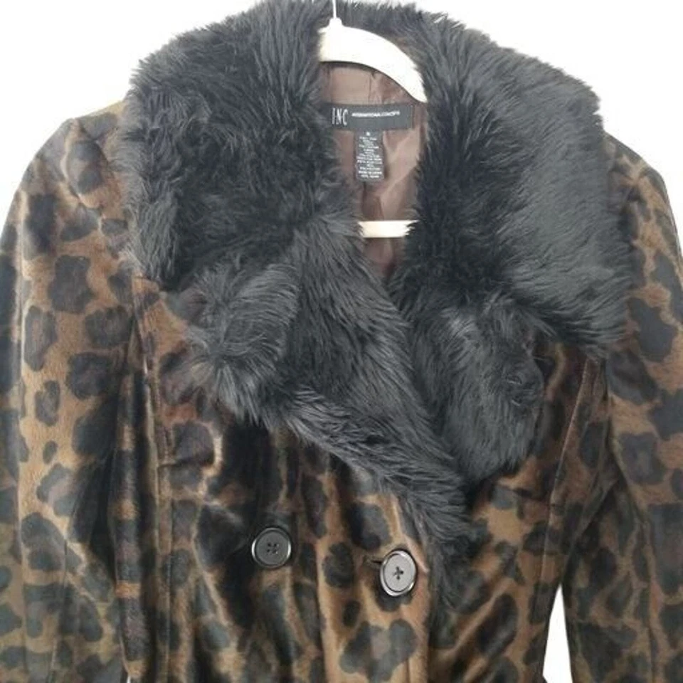 Abrigo INC International Concepts Abrigo Guisante Mujer M Marrón Estampado Leopardo Abrigo Cinturón Foto 2 de 4