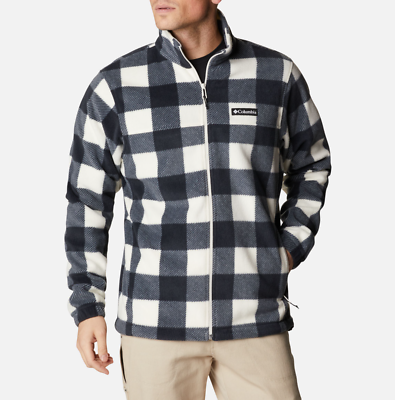 COLUMBIA MEN'S BLACK WHITE MOUNTAIN CHECK PRINT FLEECE ZIP JACKET
