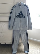 Adidas Boys Sweatsuit Two Piece Sweater Sweat Pants Set 7 Gray Hooded Zip Up