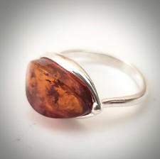 Square Cut Oval Baltic Amber Modern Ring in Sterling Silver Size 7 Made Poland