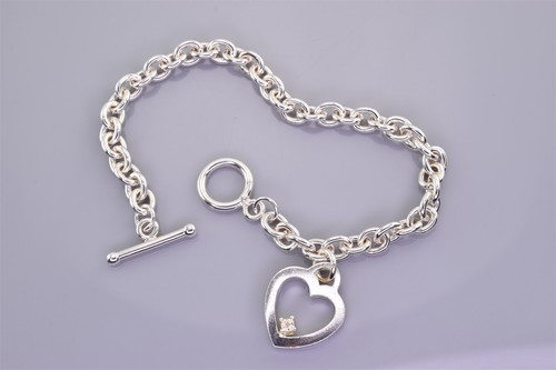 Sterling Silver 5mm Solid Oval Diamond Accent Heart 925 Toggle Bracelet 17g 7.5" - Picture 4 of 5