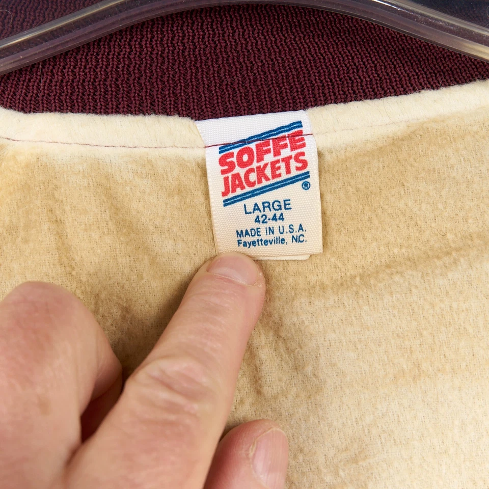 复古 Soffe 飞行员夹克 L 勃艮第缎面尼龙扣前鸡包 80 年代 — 第 4/4 张图片