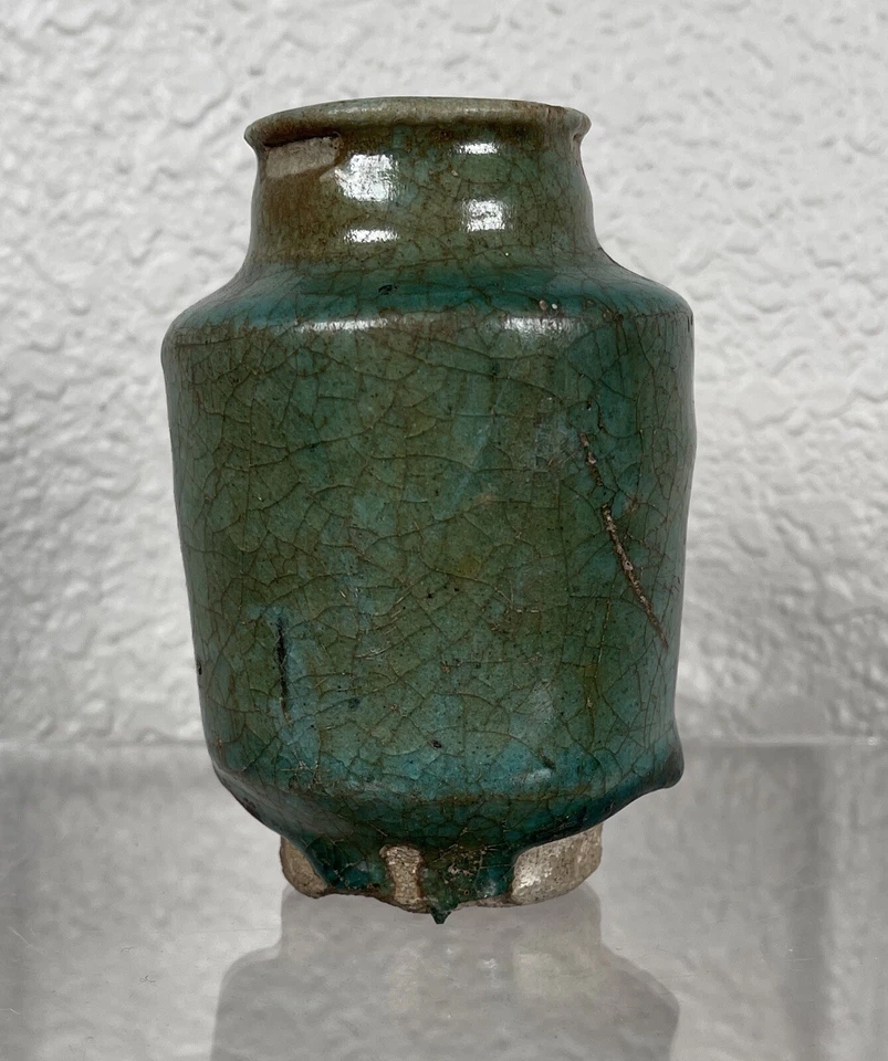 Antique 12th Century Persian Kashan Turquoise Glazed Pot Jar/ Islamic Bud Vase - Image 2 of 4