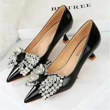 New Women 5.5cm High Heels Bling Rhinestone Bow Pumps Pointed Toe Party Shoes