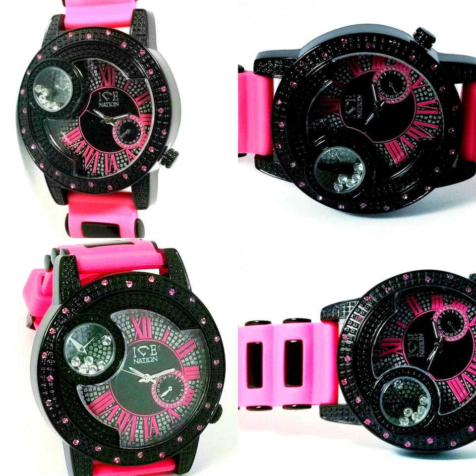 Women's Pink & Black Big Face CZ Pink watch ice out watch w/Floating stones - Image 3 of 4