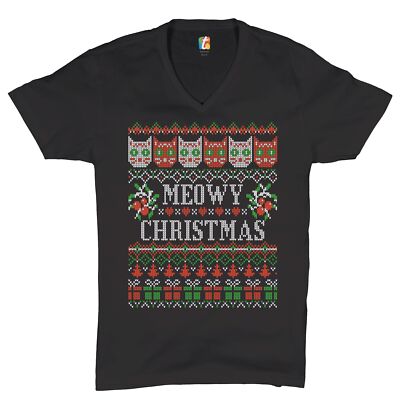 Meowy Christmas V-Neck T-shirt Ugly Sweater Cat Lover Funny Xmas Tee