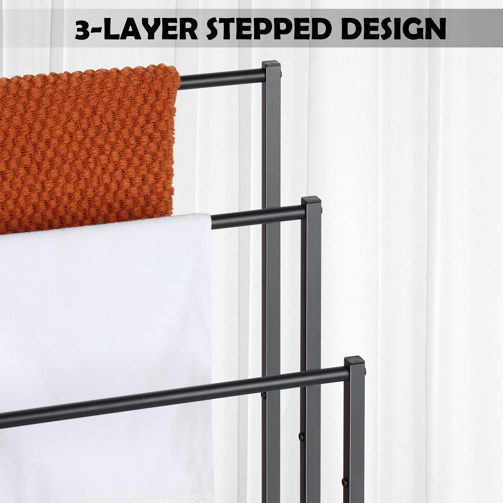 Freestanding Towel Rack, 3 Tier Blanket Ladder Holder with Rustic Brown Woode...