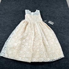 Womens Fit & Flare Dress 6 Beige Floral Lined Round Neck Pleated Back Zip Casual