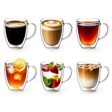 Double Walled Coffee Mugs Handles Insulated 350ml Glass Hot Cold Drinks 2/4/6pk