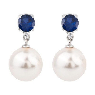 14k White Gold Plated 22 Ctw Lab Created Sapphire & Freshwater Pearl Earrings