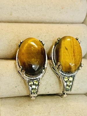 Vintage KARIS Sterling Silver TIGER's EYE Oval CABOCHON Gemstone Stud EARRINGS