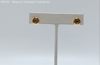 14K Yellow Gold Round Cut Light Blue Stone Bezel Set Stud Earrings 2.69g