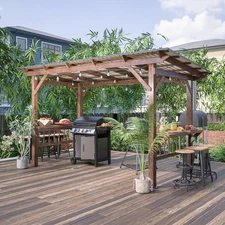 13' x 6.5' Wooden Pergola Grill Gazebo with Metal Roof & Bulbs & Bar Counters