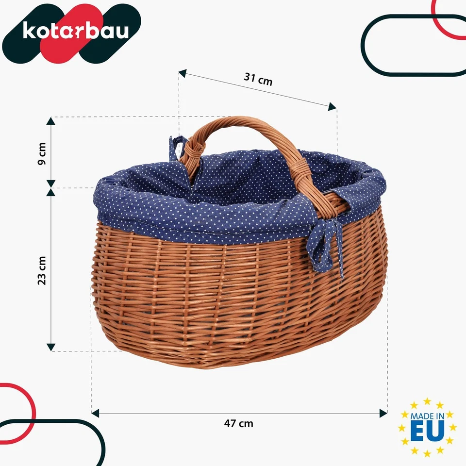 ® Cestino in Vimini Naturale Con Manico, Grande, Con Inserto in Tessuto, Colore - Immagine 3 di 4