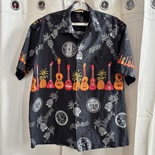 Winnie Fashion Mens XL Hawaiian Shirt Black Ukulele Pineapple Music Record 19805