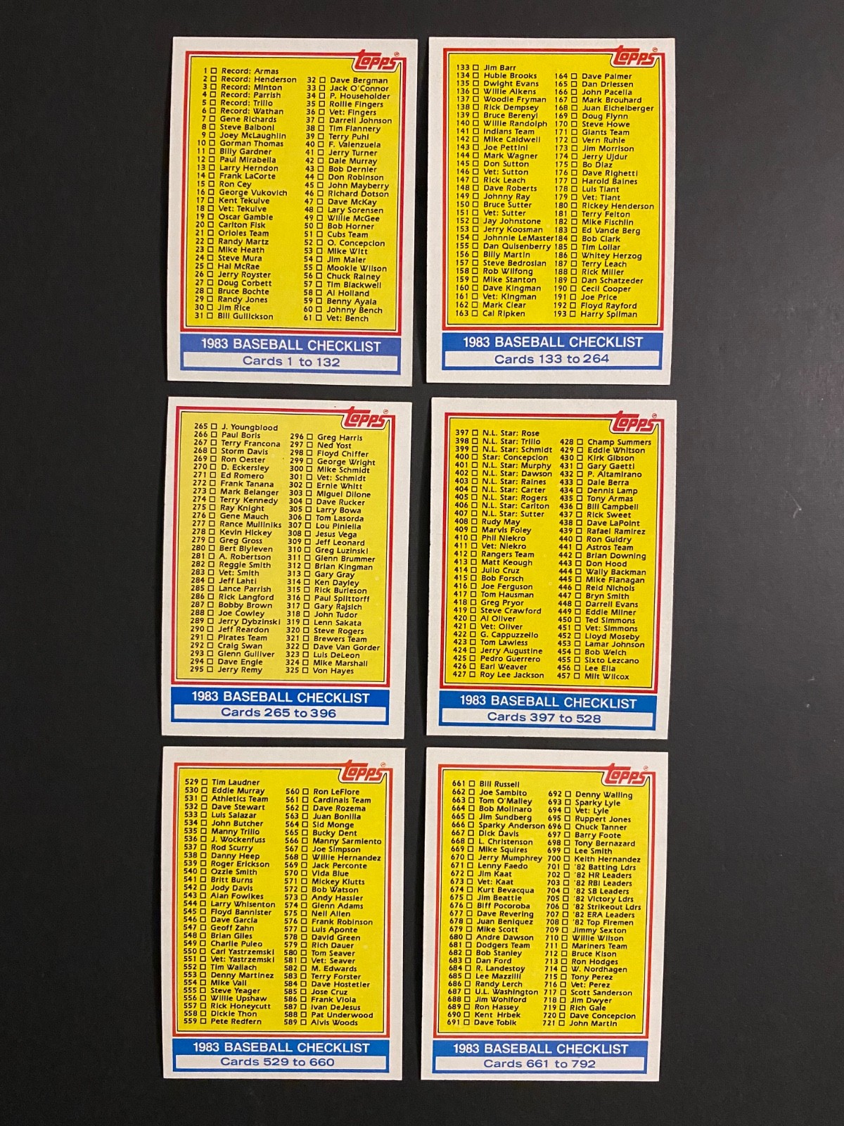 1983 Topps Checklists Complete Set of 6 - #129, 249, 349, 526, 642 & #769  NM++