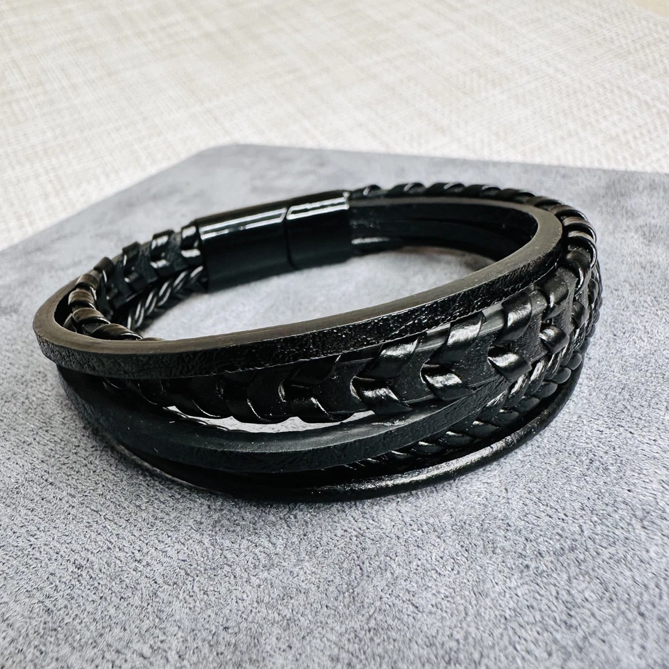 Armband 20 cm – schwarz mehrreihig Leder mit Magnetverschluss Unisex - Bild 2 von 3