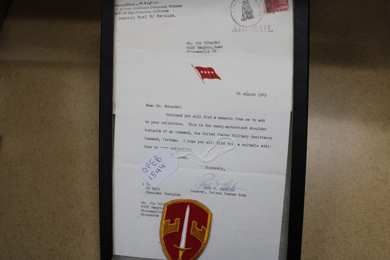 Framed Letter with Envelope and a US MACV Shoulder Insignia.