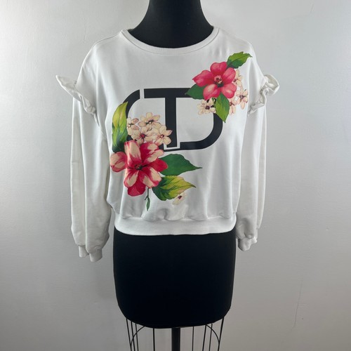 Twinset White Sweatshirt Floral Crew Neck Ruffle Drop Shoulder Pullover Size 14 - Picture 2 of 9