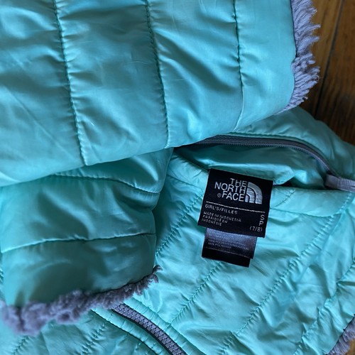 The NORTH FACE Reversible Plush Zip Jacket Girls Small 7/8 Light Teal/Gray - Picture 3 of 4