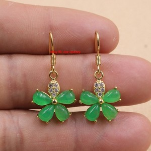Gold Plated Heated Green Jade Flower Dangle Earrings 30Mm H