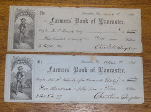 2 Antique 1861 Farmers' Bank Of Lancaster Pa Checks Rudolph F. Rauch H.S. Eberly