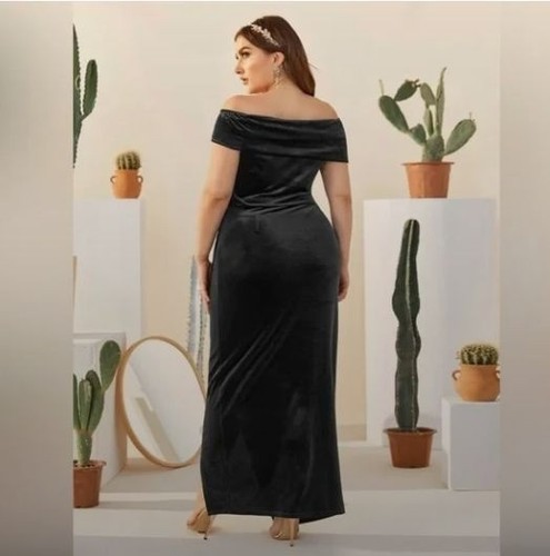 Shein Curve OXL Black Velvet Evening Gown Off Shoulder Whimsigoth Vampire - Picture 2 of 12