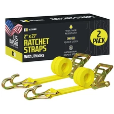 DC Cargo Tie-Down Ratchet Straps J-Hooks, (Pack of 2) Heavy Duty 2" x 27' Tie...