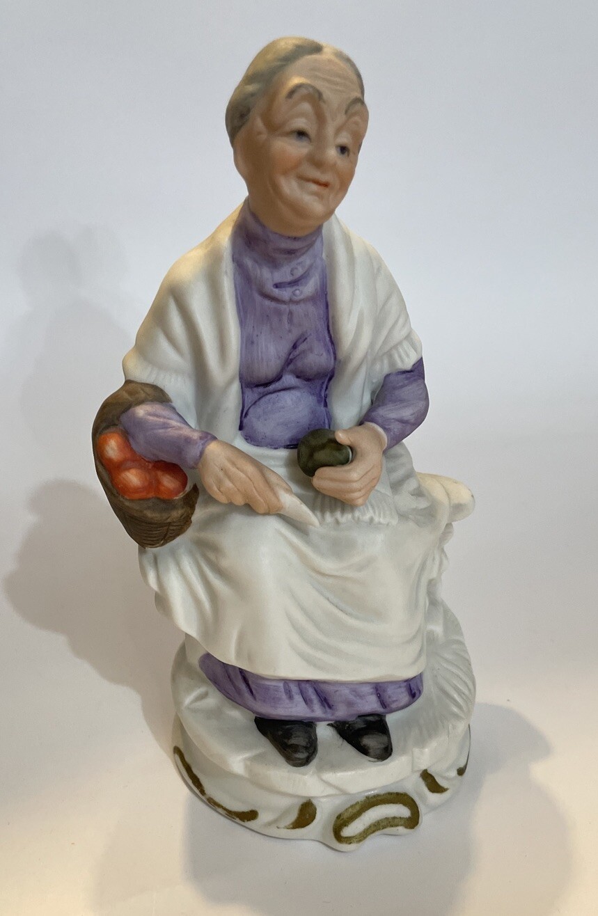 Vintage Ceramic Figurine Old Woman Sitting Peeling Apples Potatoes 6 1/2