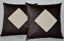 2 Brown & Cream  Diamond Faux Leather Cushion Covers 16" 18" 20" Scatter Pillows
