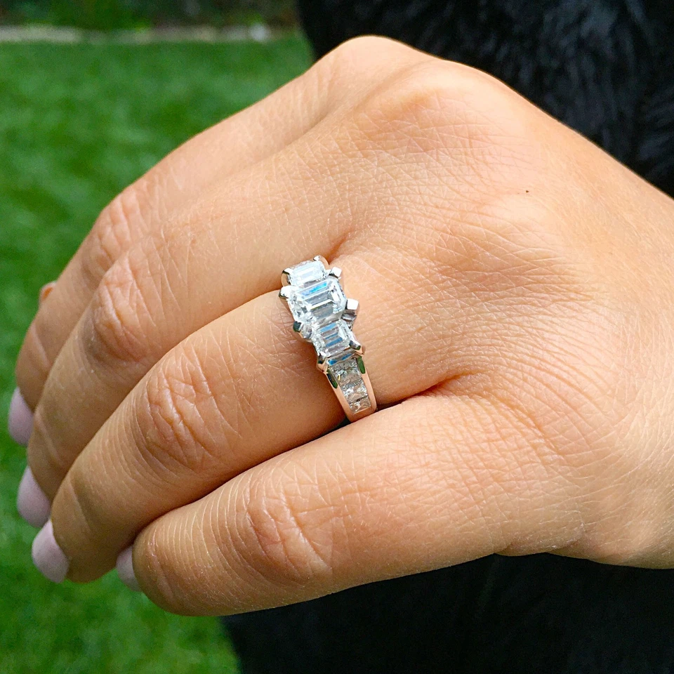 ANILLO DE COMPROMISO ORO BLANCO 14K CORTE ESMERALDA DIAMANTE NATURAL PUNTA NUPCIAL 1,50 CTW Foto 4 de 4