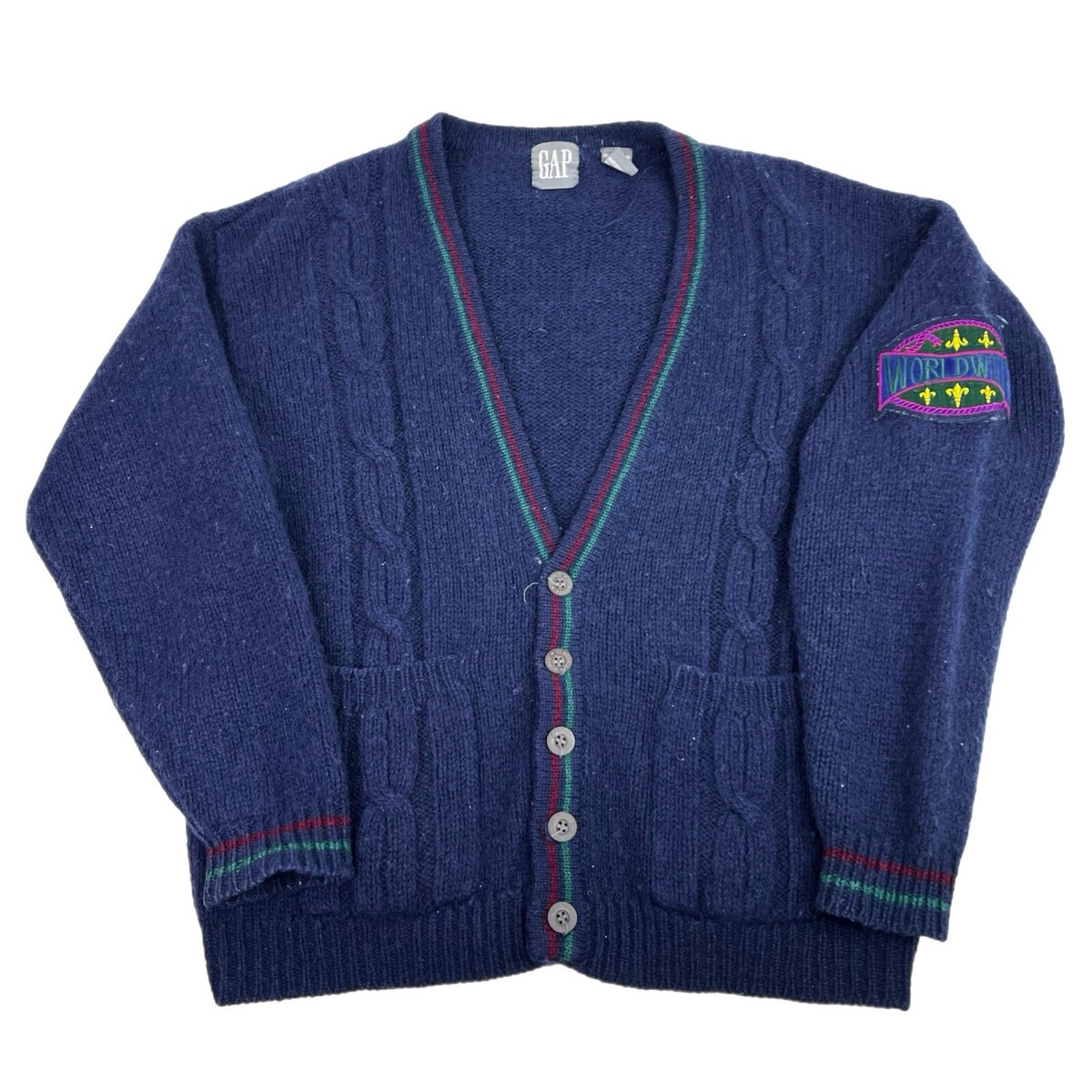 Vintage 90s Gap Worldwide Knitted Wool Cardigan Sweater Blue Size 