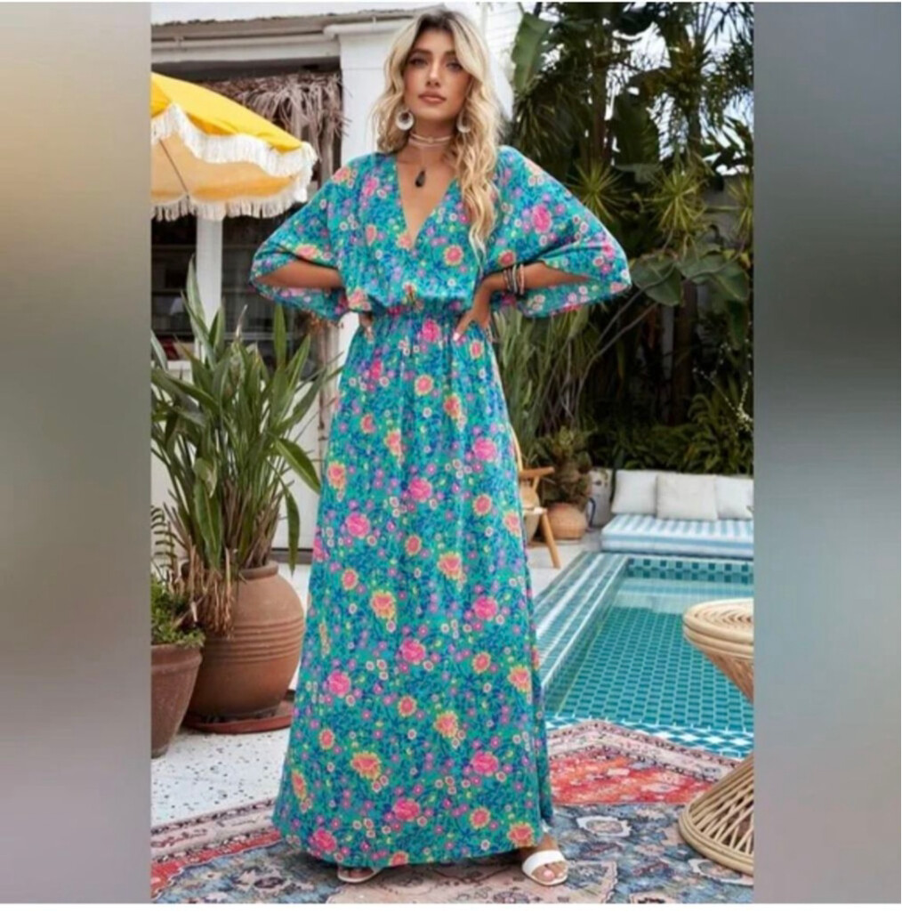 Floral Maxi Dress Size M Teal Bloomcore cottage core kimono sleeve-image