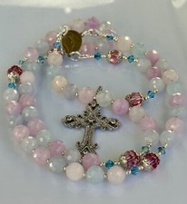 Rosary Beads, Baby Pink and Blue Quartz, Silver, Christening, Baptism, Handmade