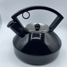 Vintage Black Enamel Tea Kettle Metal Sleek Design Silver Lid Black Knob