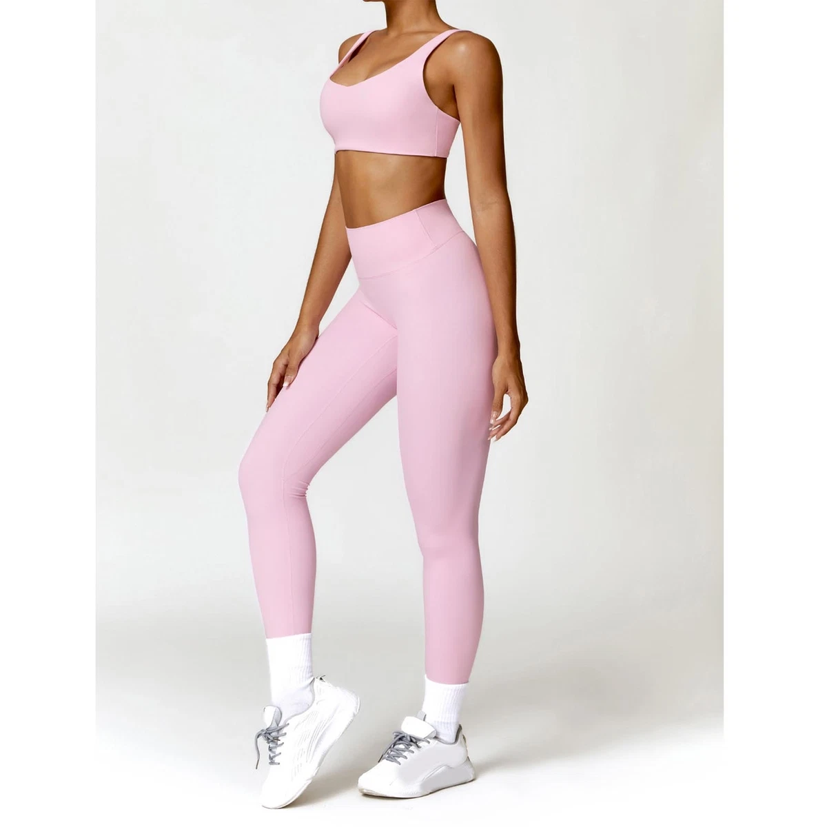 Pink XL)Women Workout Set High Waist Leggings U Neck Bra Sweat