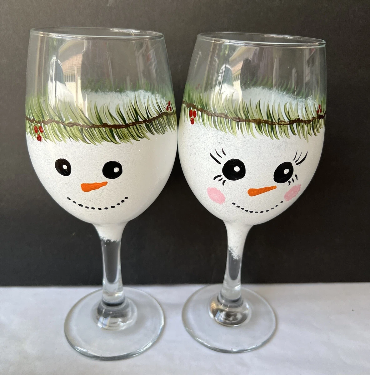 Drinking Glass Set of 2 with Christmas Tree and Snowman Figurines