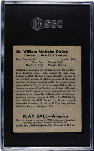 1939 Play Ball #30 Bill Dickey (HOF) New York Yankee - SGC 2,5 GD + carta fantastica! - Foto 2 di 2