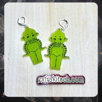 Kewpie Doll Cthulhu Earrings - Green Retro Vintage Inspired Monster -