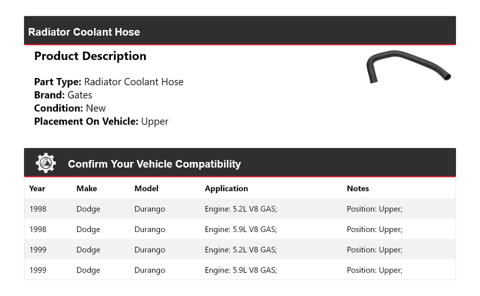 Manguera de refrigerante de radiador puertas superiores para Dodge Durango 1998-1999 Foto 2 de 4
