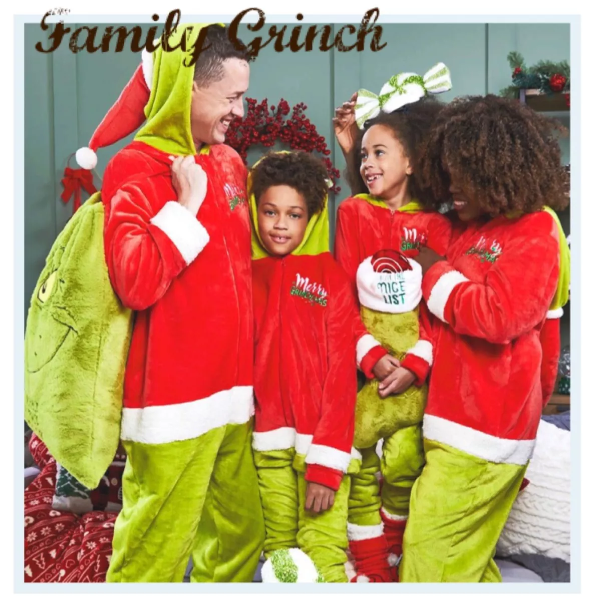 Dr.Seuss The Grinch One suit Christmas Family pyjama jumpsuit hooded  footless BN